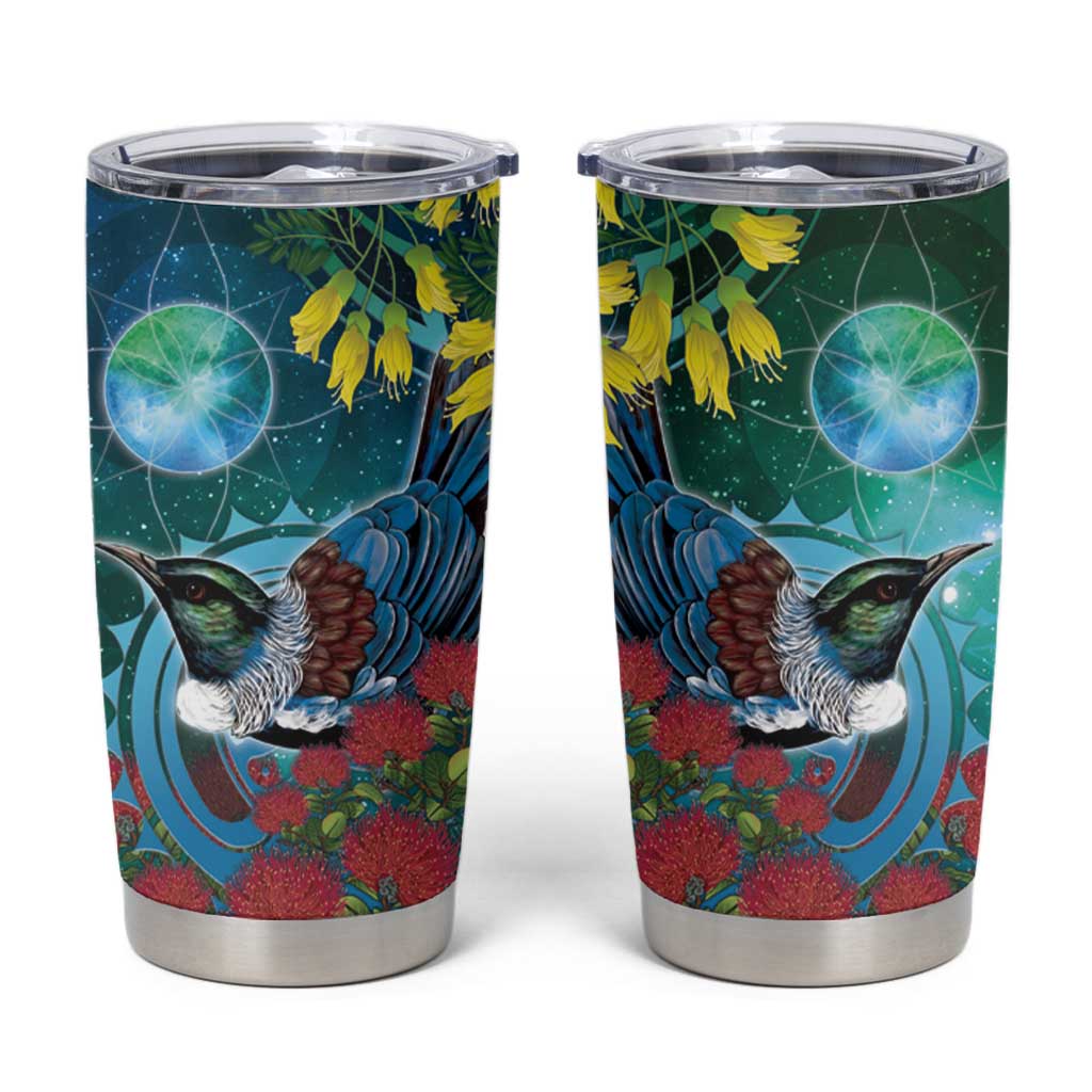 New Zealand Tui Bird Tumbler Cup Maori Koru With Pohutukawa Galaxy Style - Polynesian Pride
