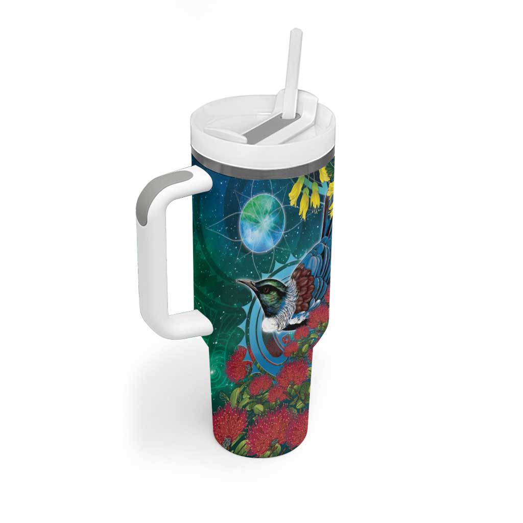 New Zealand Tui Bird Tumbler With Handle Maori Koru With Pohutukawa Galaxy Style - Polynesian Pride