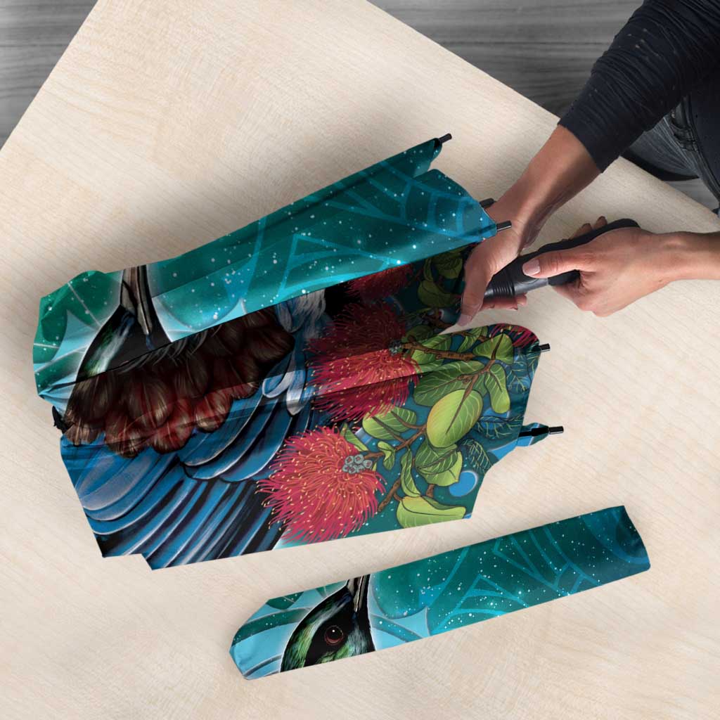 New Zealand Tui Bird Umbrella Maori Koru With Pohutukawa Galaxy Style - Polynesian Pride