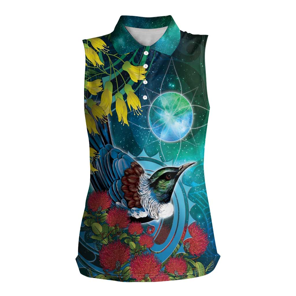 New Zealand Tui Bird Women Sleeveless Polo Shirt Maori Koru With Pohutukawa Galaxy Style - Polynesian Pride