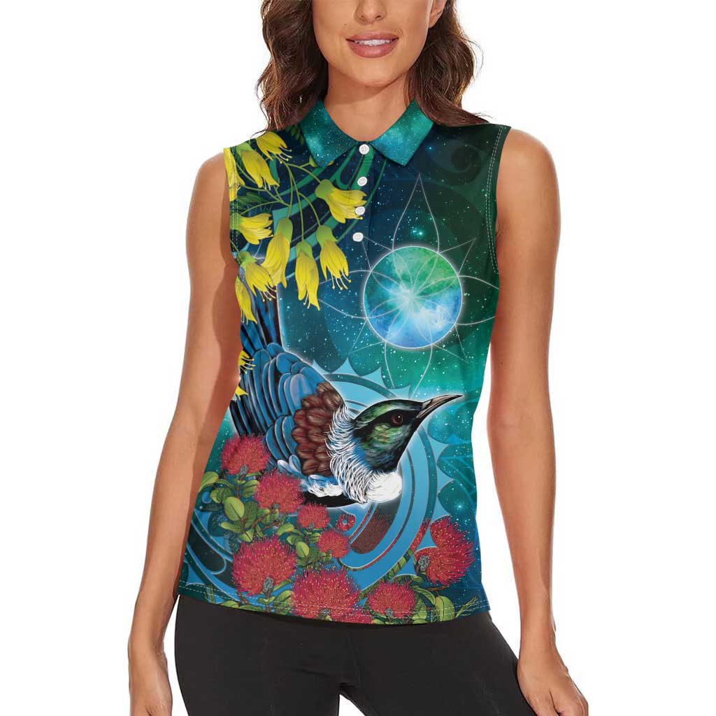 New Zealand Tui Bird Women Sleeveless Polo Shirt Maori Koru With Pohutukawa Galaxy Style - Polynesian Pride