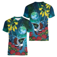 New Zealand Tui Bird Women V-Neck T-Shirt Maori Koru With Pohutukawa Galaxy Style - Polynesian Pride