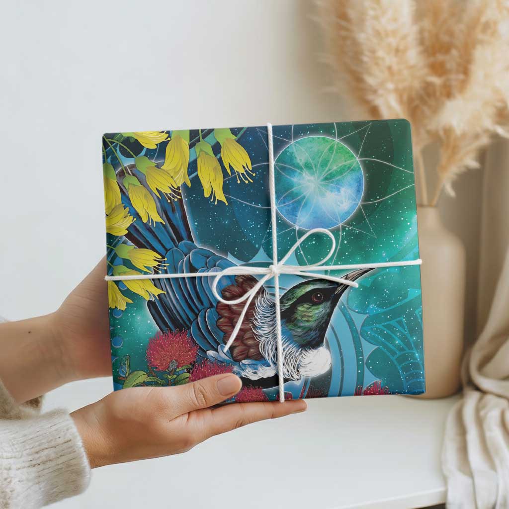New Zealand Tui Bird Wrapping Paper Maori Koru With Pohutukawa Galaxy Style