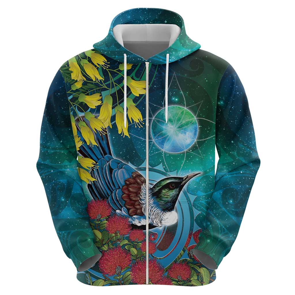 New Zealand Tui Bird Zip Hoodie Maori Koru With Pohutukawa Galaxy Style - Polynesian Pride