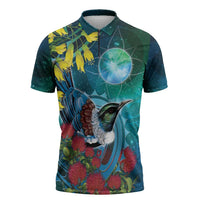 New Zealand Tui Bird Zipper Polo Shirt Maori Koru With Pohutukawa Galaxy Style - Polynesian Pride