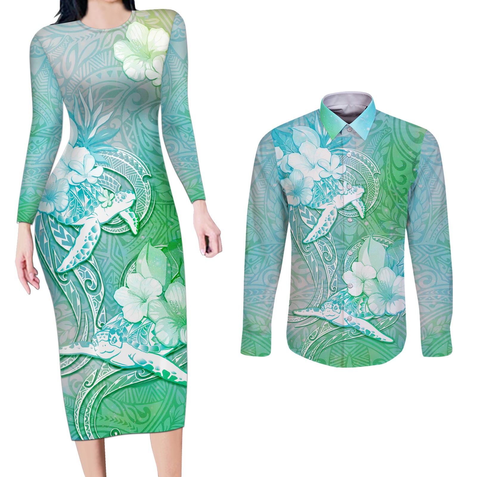 Couple Sea Turtle One Love One Heart Couples Matching Long Sleeve Bodycon Dress and Long Sleeve Button Shirt LT05 Aqua - Polynesian Pride