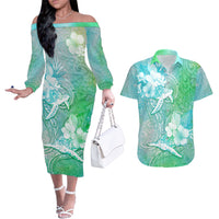 Couple Sea Turtle One Love One Heart Couples Matching Off The Shoulder Long Sleeve Dress and Hawaiian Shirt LT05 Aqua - Polynesian Pride