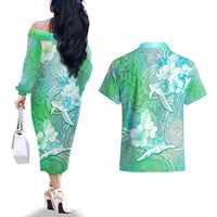 Couple Sea Turtle One Love One Heart Couples Matching Off The Shoulder Long Sleeve Dress and Hawaiian Shirt LT05 - Polynesian Pride