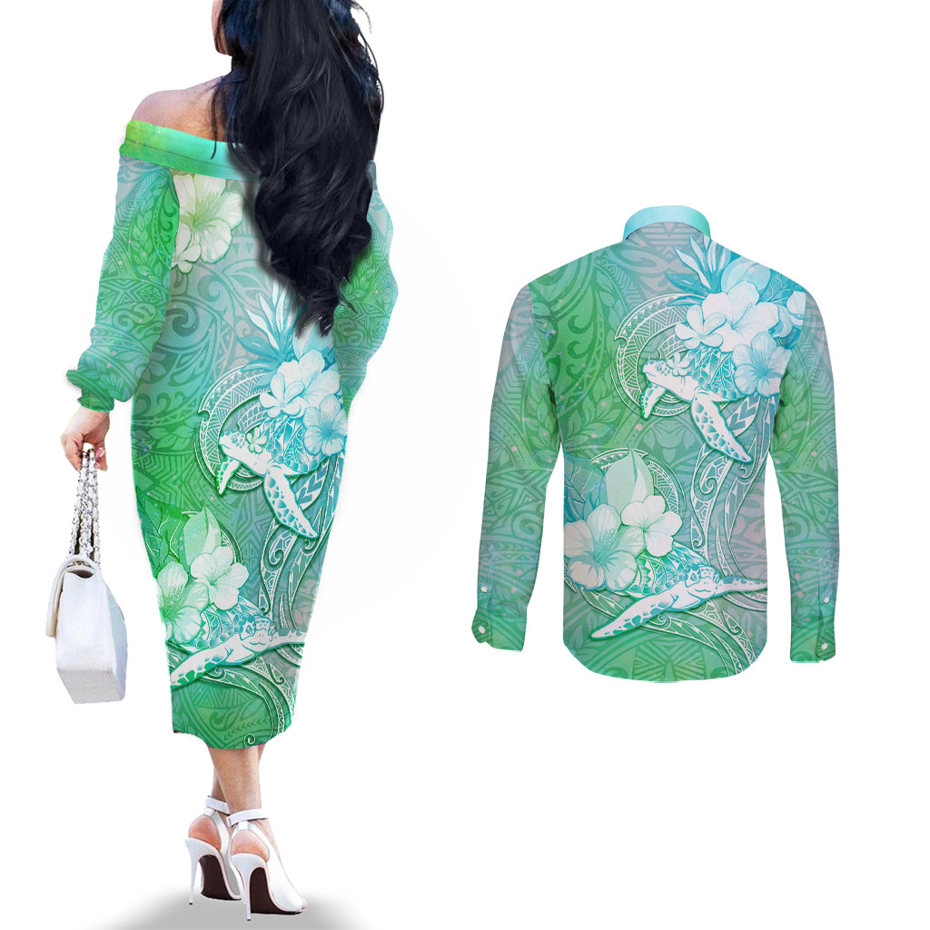 Couple Sea Turtle One Love One Heart Couples Matching Off The Shoulder Long Sleeve Dress and Long Sleeve Button Shirt LT05 - Polynesian Pride
