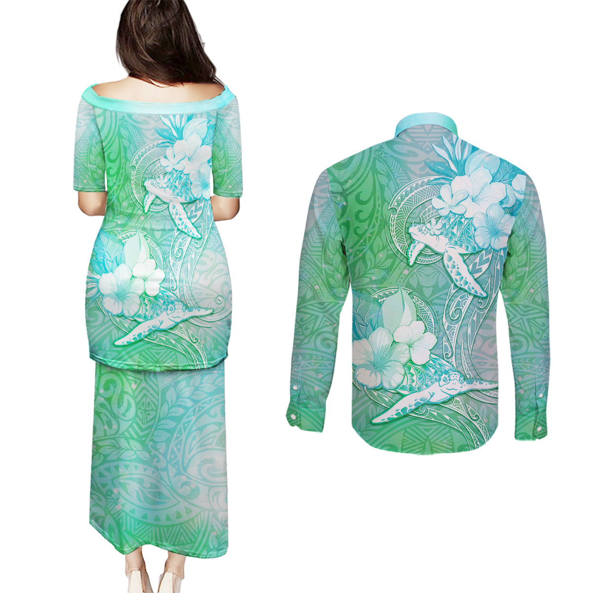 Couple Sea Turtle One Love One Heart Couples Matching Puletasi Dress and Long Sleeve Button Shirt LT05 - Polynesian Pride