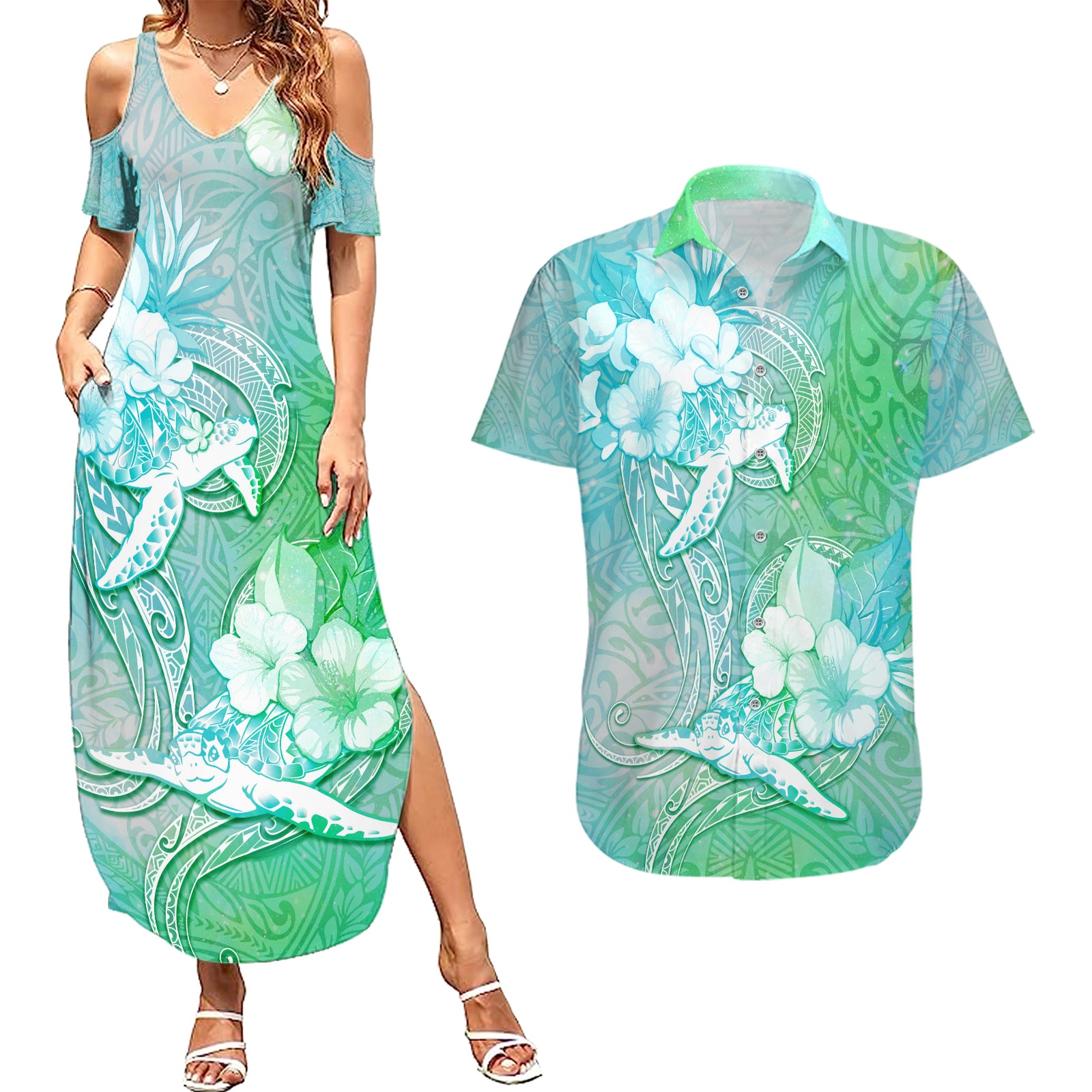 Couple Sea Turtle One Love One Heart Couples Matching Summer Maxi Dress and Hawaiian Shirt LT05 Aqua - Polynesian Pride
