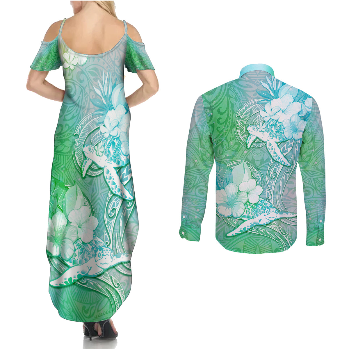 Couple Sea Turtle One Love One Heart Couples Matching Summer Maxi Dress and Long Sleeve Button Shirt LT05 - Polynesian Pride