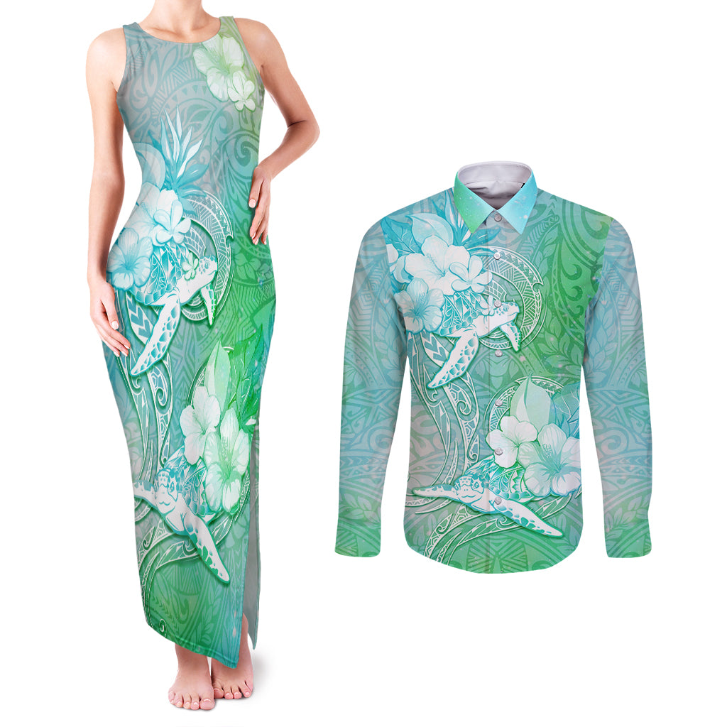 Couple Sea Turtle One Love One Heart Couples Matching Tank Maxi Dress and Long Sleeve Button Shirt LT05 Aqua - Polynesian Pride