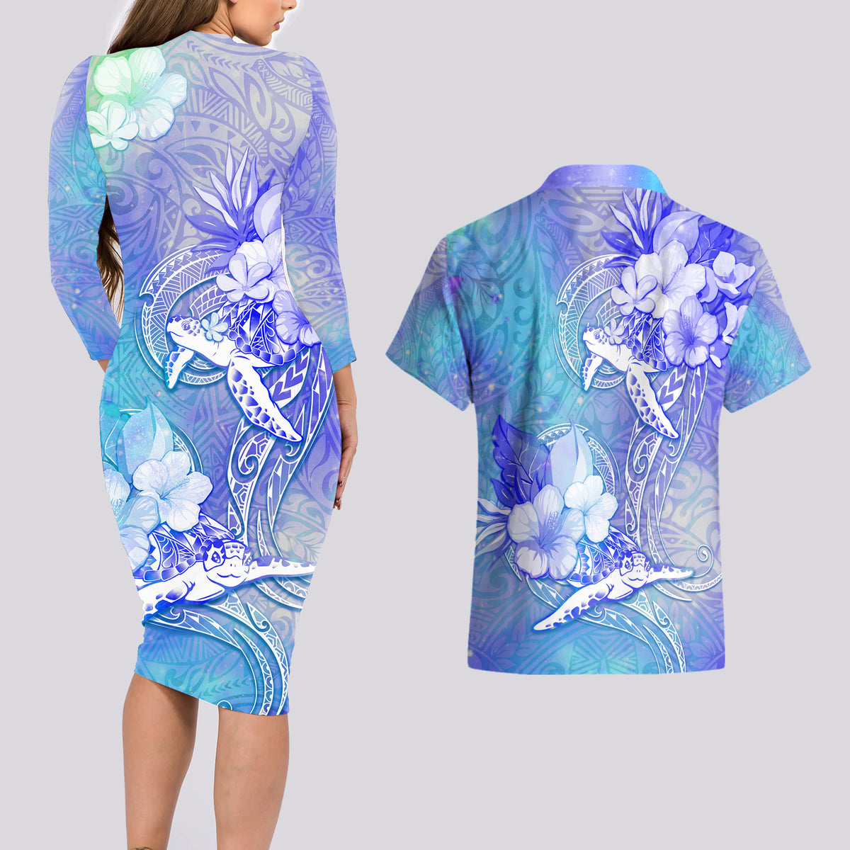 Couple Blue Sea Turtle Heart Love Couples Matching Long Sleeve Bodycon Dress and Hawaiian Shirt LT05 - Polynesian Pride