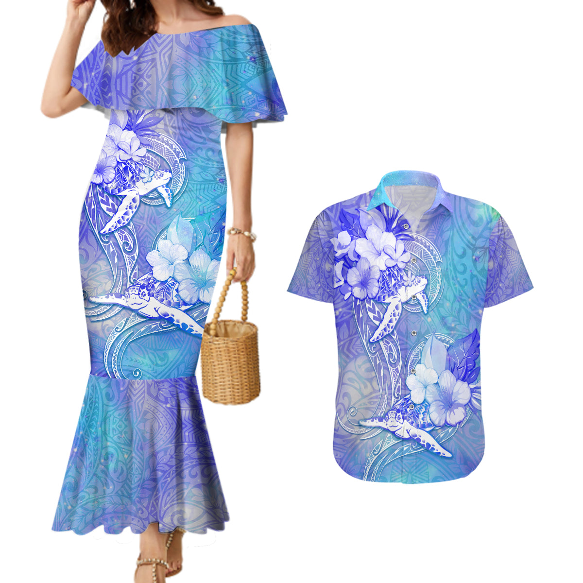 Couple Blue Sea Turtle Heart Love Couples Matching Mermaid Dress and Hawaiian Shirt LT05 Blue - Polynesian Pride