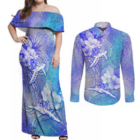 Couple Blue Sea Turtle Heart Love Couples Matching Off Shoulder Maxi Dress and Long Sleeve Button Shirt LT05 Blue - Polynesian Pride