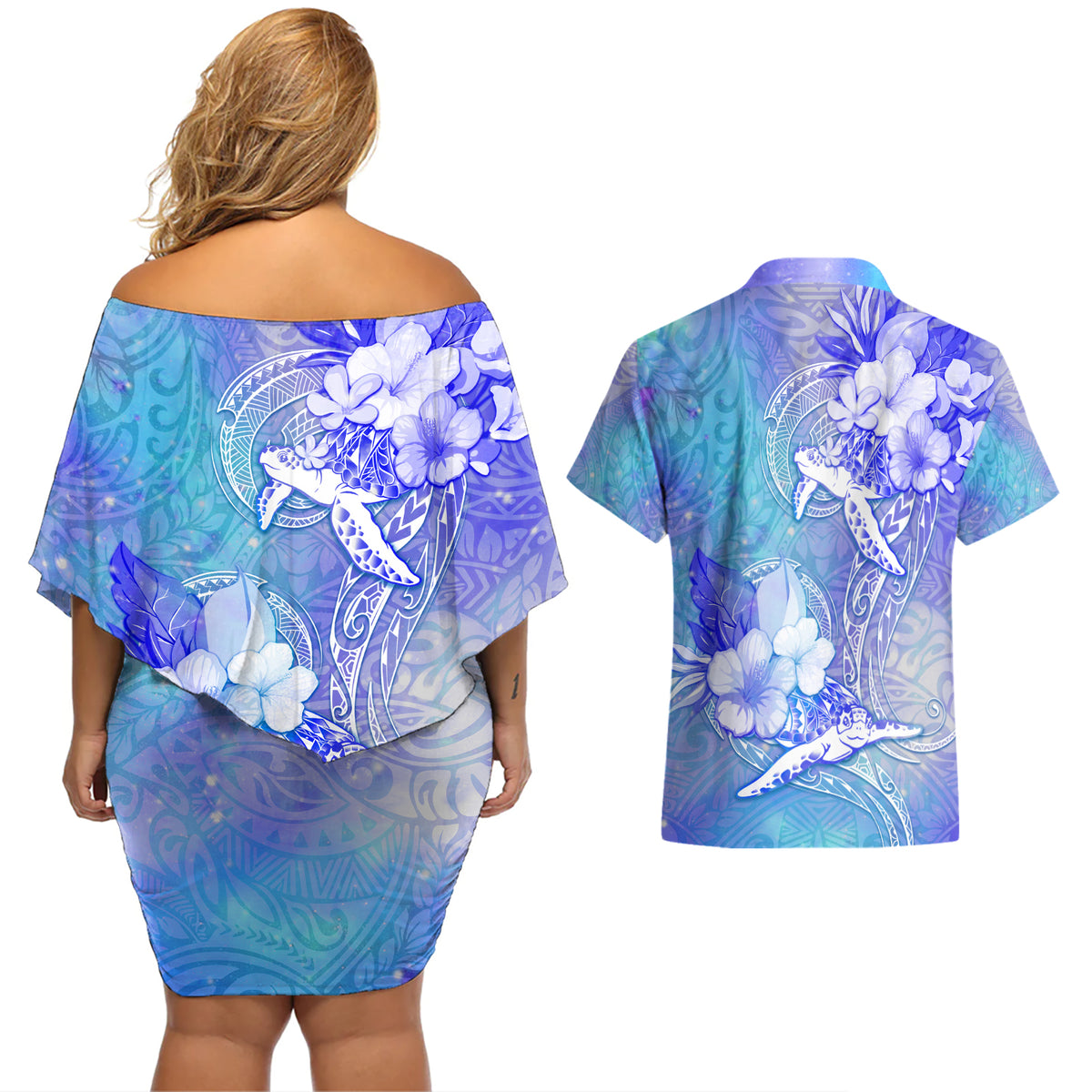 Couple Blue Sea Turtle Heart Love Couples Matching Off Shoulder Short Dress and Hawaiian Shirt LT05 - Polynesian Pride
