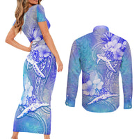 Couple Blue Sea Turtle Heart Love Couples Matching Short Sleeve Bodycon Dress and Long Sleeve Button Shirt LT05 - Polynesian Pride