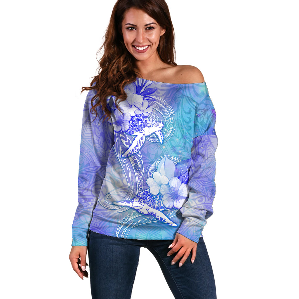 Couple Blue Sea Turtle Heart Love Off Shoulder Sweater LT05 Women Blue - Polynesian Pride