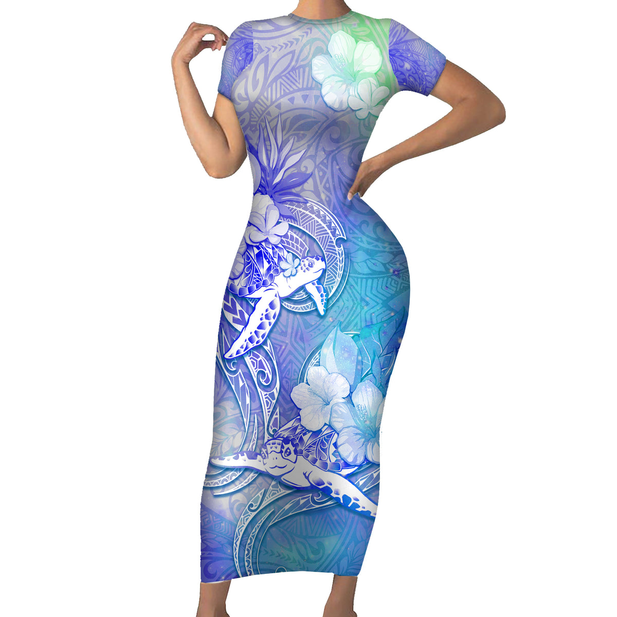 Couple Blue Sea Turtle Heart Love Short Sleeve Bodycon Dress LT05 Long Dress Blue - Polynesian Pride