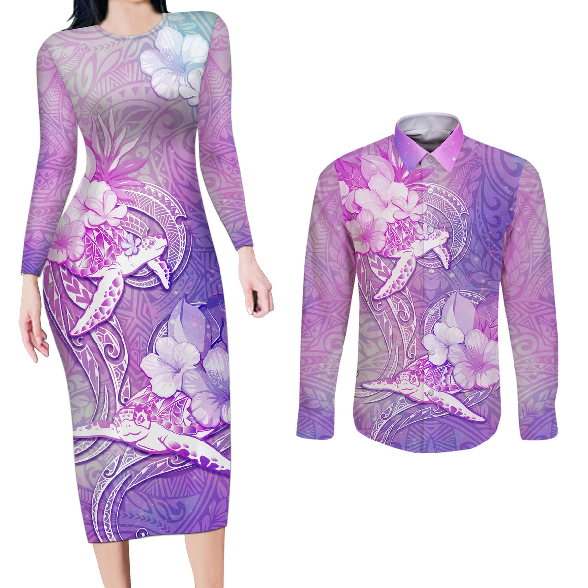 Couple Sea Turtle Love Give Us A Fairytale Couples Matching Long Sleeve Bodycon Dress and Long Sleeve Button Shirt LT05 Pink - Polynesian Pride