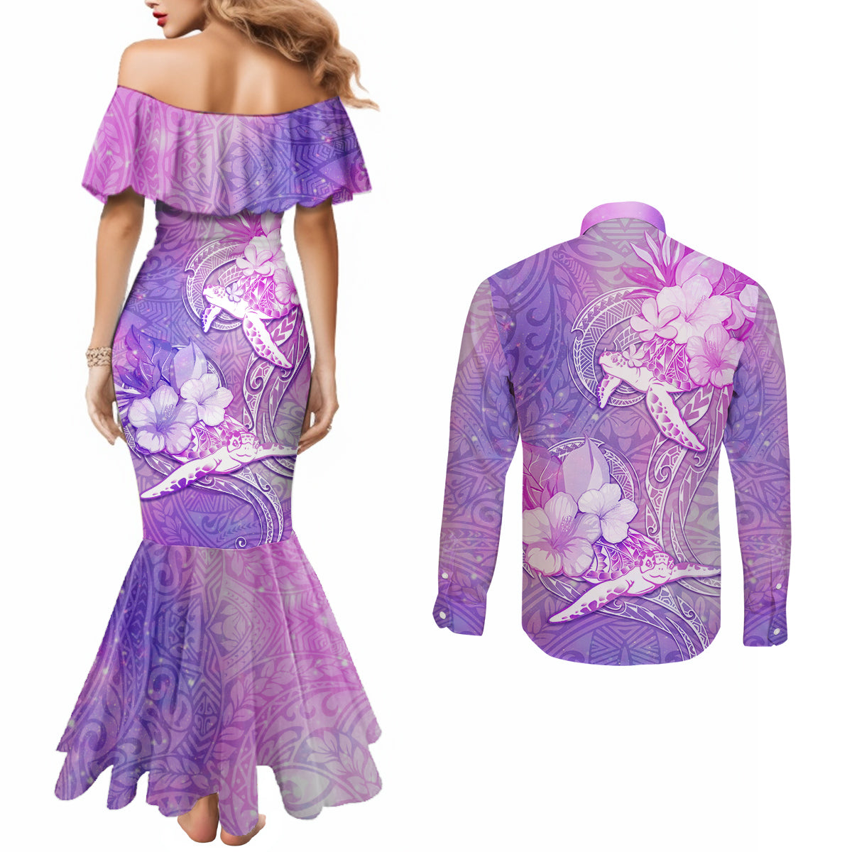 Couple Sea Turtle Love Give Us A Fairytale Couples Matching Mermaid Dress and Long Sleeve Button Shirt LT05 - Polynesian Pride