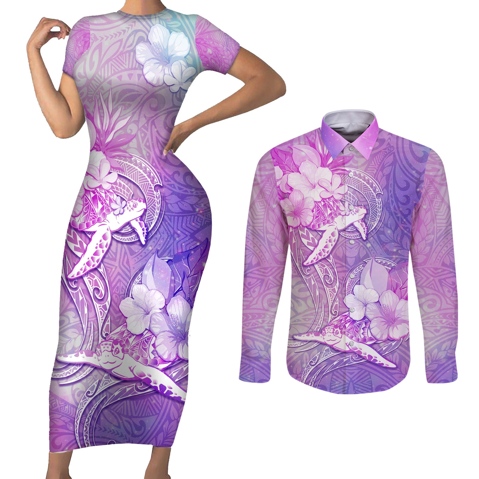 Couple Sea Turtle Love Give Us A Fairytale Couples Matching Short Sleeve Bodycon Dress and Long Sleeve Button Shirt LT05 Pink - Polynesian Pride