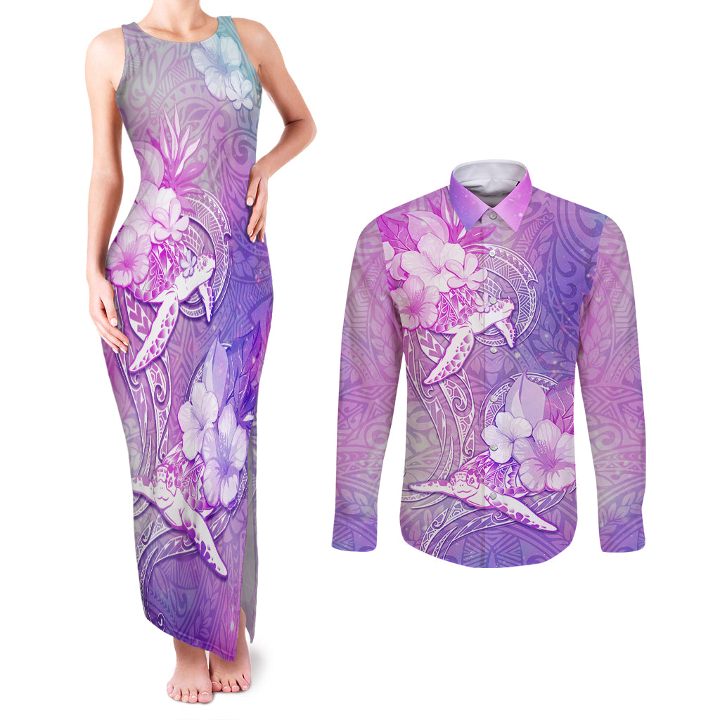 Couple Sea Turtle Love Give Us A Fairytale Couples Matching Tank Maxi Dress and Long Sleeve Button Shirt LT05 Pink - Polynesian Pride