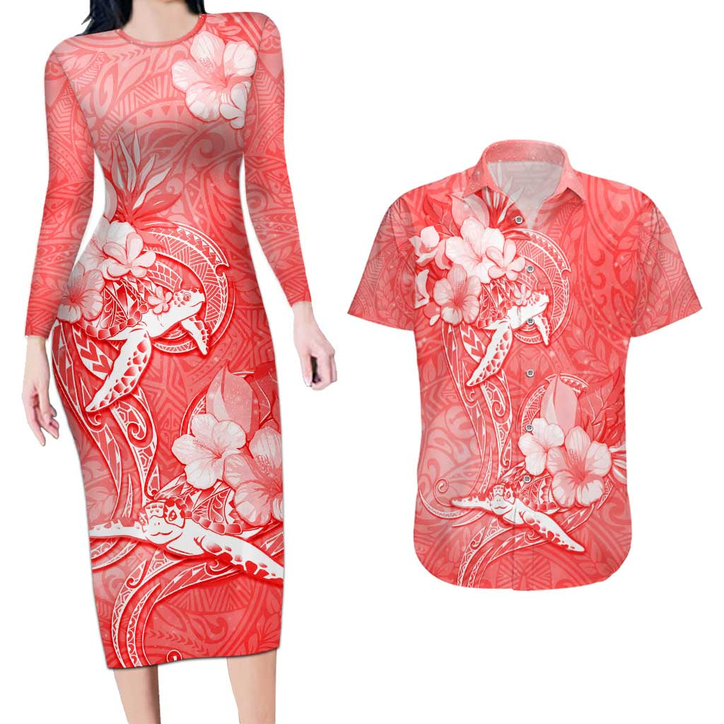 Polynesia Sea Turtle Couple Couples Matching Long Sleeve Bodycon Dress and Hawaiian Shirt Happy Valentine Day Red LT05