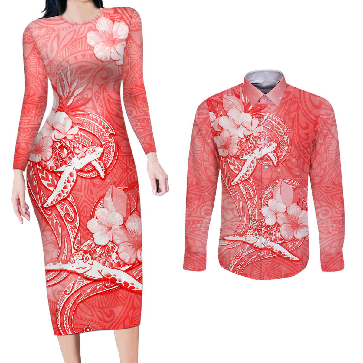 Polynesia Sea Turtle Couple Couples Matching Long Sleeve Bodycon Dress and Long Sleeve Button Shirt Happy Valentine Day Red LT05 Red - Polynesian Pride