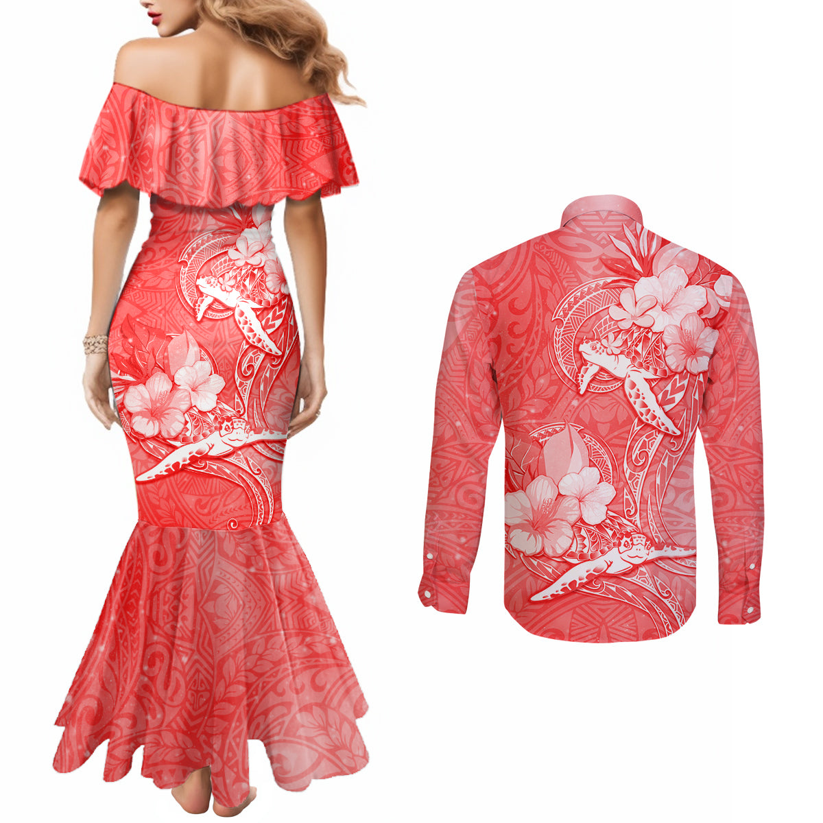 Polynesia Sea Turtle Couple Couples Matching Mermaid Dress and Long Sleeve Button Shirt Happy Valentine Day Red LT05 - Polynesian Pride