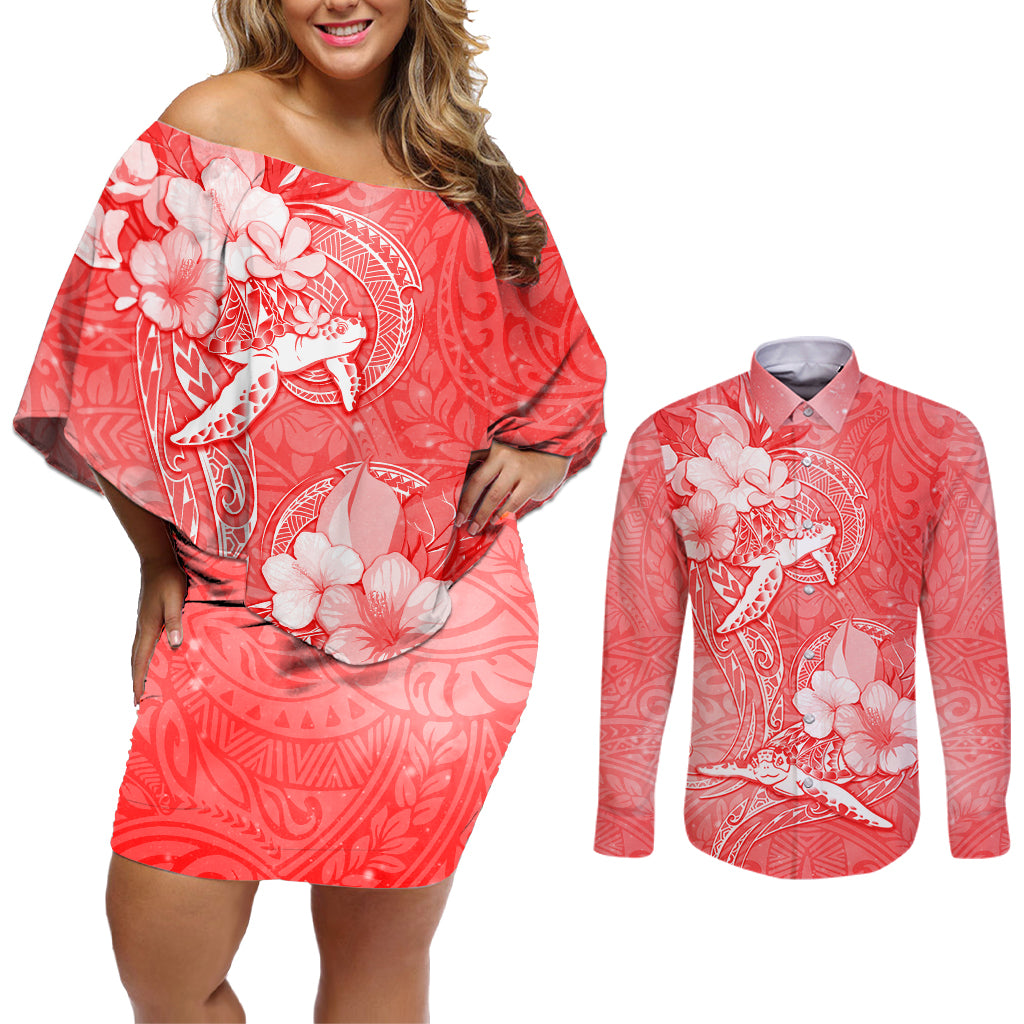 Polynesia Sea Turtle Couple Couples Matching Off Shoulder Short Dress and Long Sleeve Button Shirt Happy Valentine Day Red LT05 Red - Polynesian Pride
