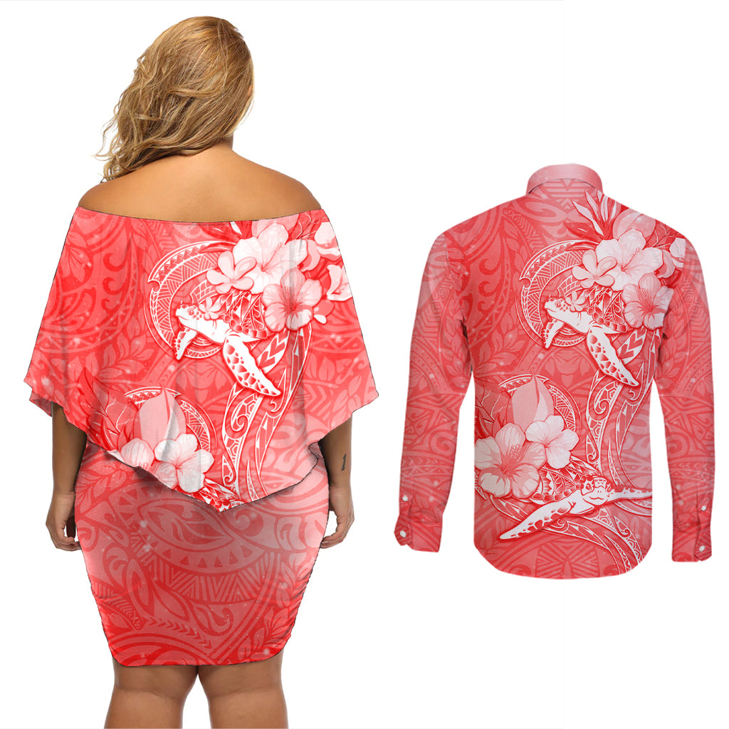 Polynesia Sea Turtle Couple Couples Matching Off Shoulder Short Dress and Long Sleeve Button Shirt Happy Valentine Day Red LT05 - Polynesian Pride