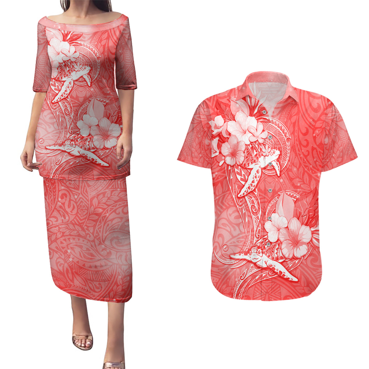 Polynesia Sea Turtle Couple Couples Matching Puletasi Dress and Hawaiian Shirt Happy Valentine Day Red LT05 Red - Polynesian Pride