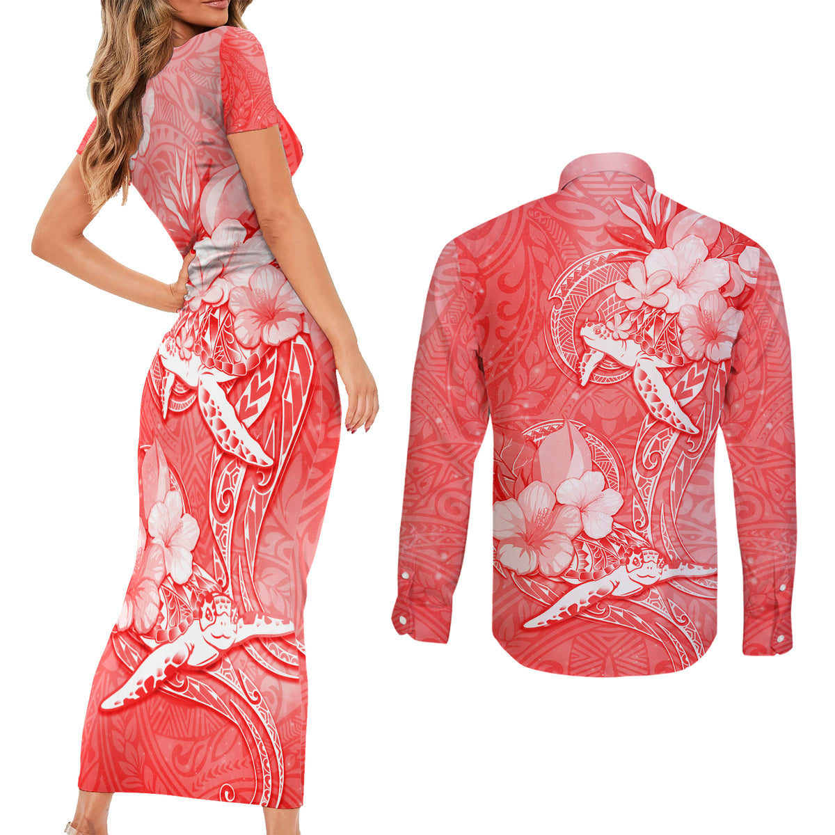 Polynesia Sea Turtle Couple Couples Matching Short Sleeve Bodycon Dress and Long Sleeve Button Shirt Happy Valentine Day Red LT05 - Polynesian Pride