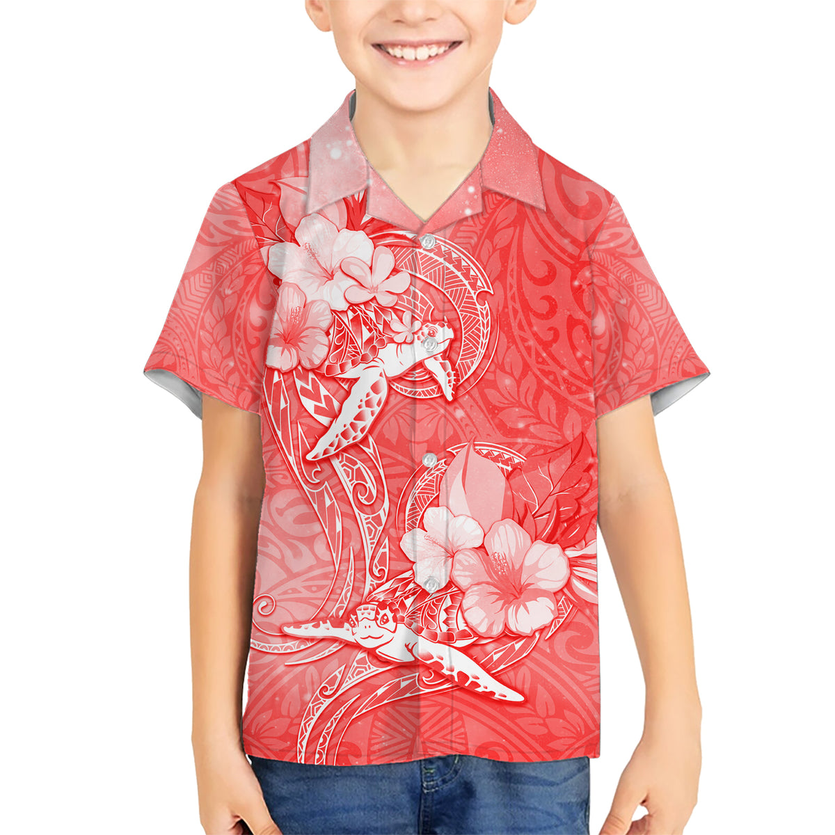 Polynesia Sea Turtle Couple Kid Hawaiian Shirt Happy Valentine Day Red LT05 Kid Red - Polynesian Pride