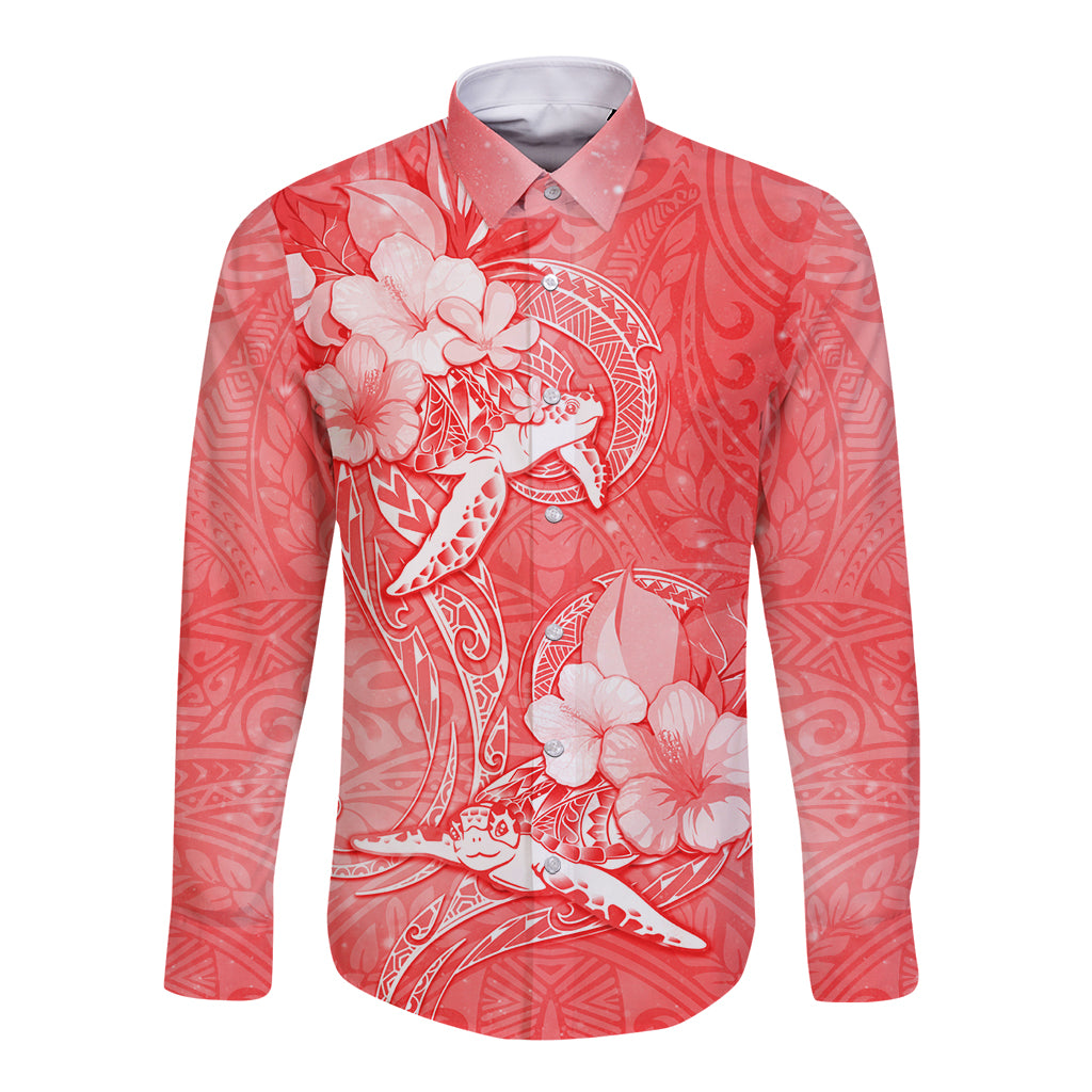 Polynesia Sea Turtle Couple Long Sleeve Button Shirt Happy Valentine Day Red LT05 Unisex Red - Polynesian Pride