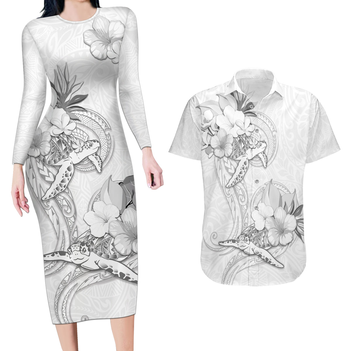 Polynesia Sea Turtle Couple Couples Matching Long Sleeve Bodycon Dress and Hawaiian Shirt Happy Valentine Day White LT05 White - Polynesian Pride