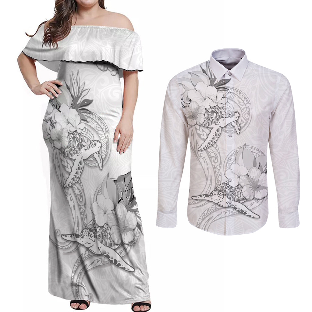 Polynesia Sea Turtle Couple Couples Matching Off Shoulder Maxi Dress and Long Sleeve Button Shirt Happy Valentine Day White LT05 White - Polynesian Pride
