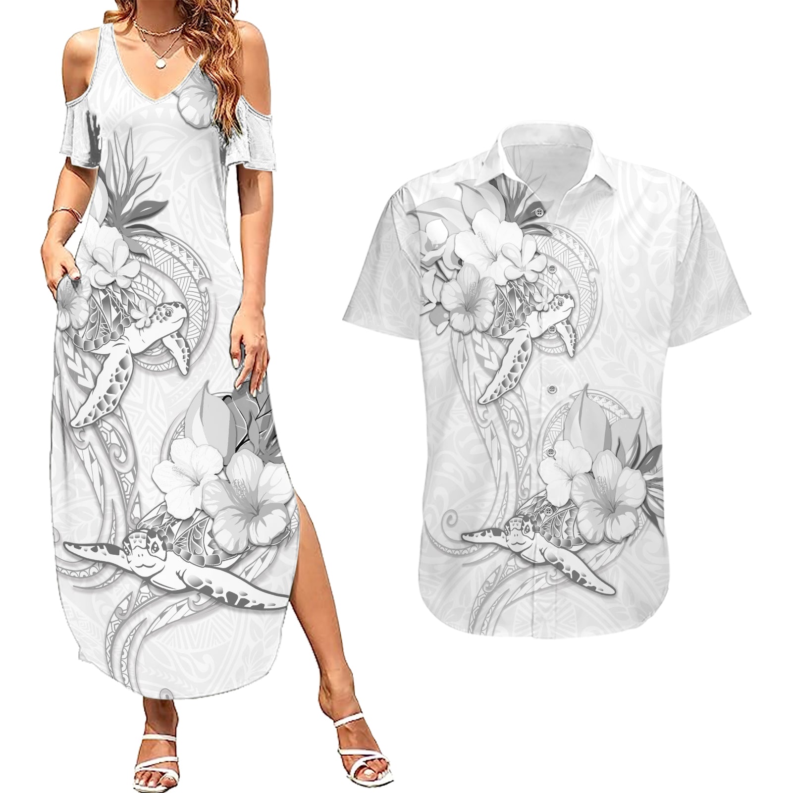 Polynesia Sea Turtle Couple Couples Matching Summer Maxi Dress and Hawaiian Shirt Happy Valentine Day White LT05 White - Polynesian Pride