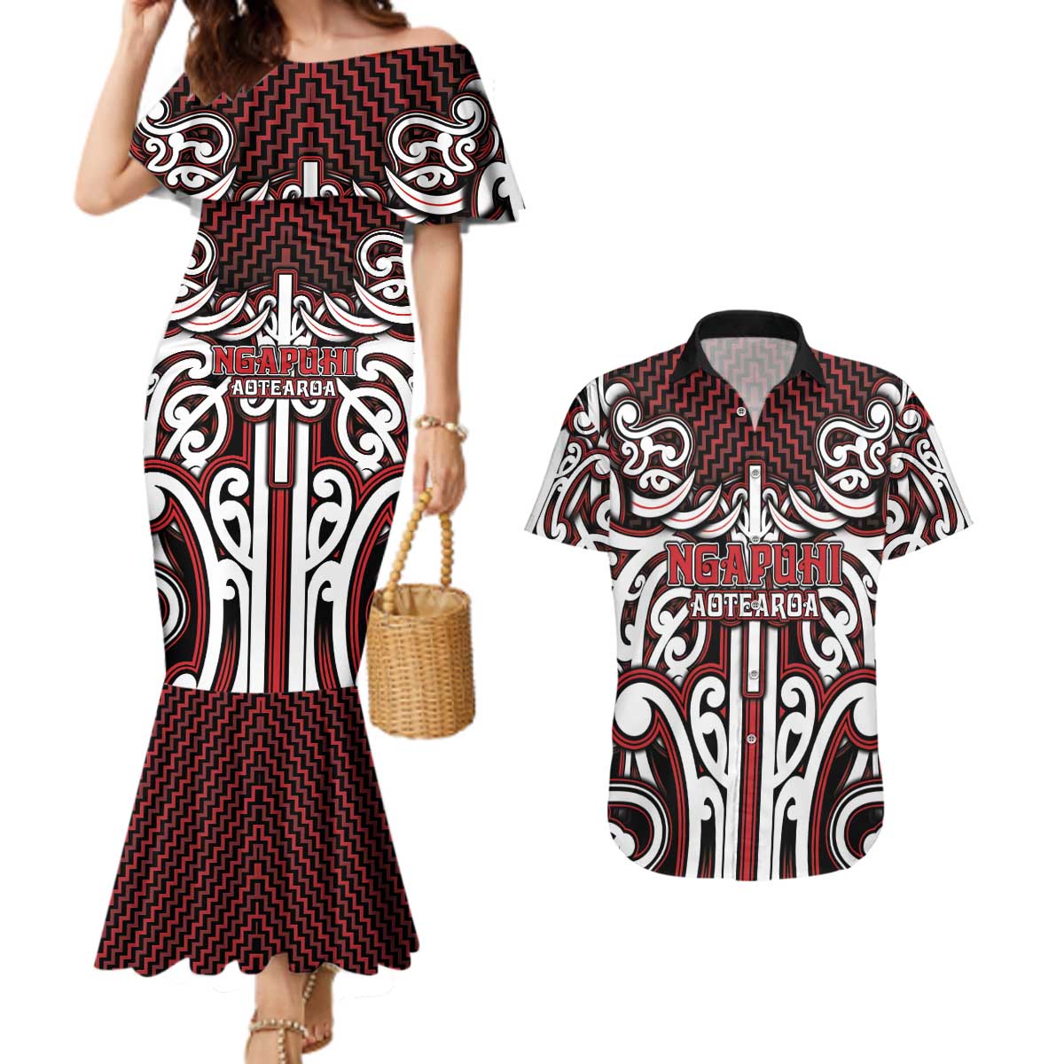 Custom Aotearoa Ngapuhi Couples Matching Mermaid Dress and Hawaiian Shirt Maori Tribal Pattern Mix Poutama