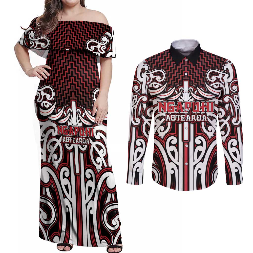 Custom Aotearoa Ngapuhi Couples Matching Off Shoulder Maxi Dress and Long Sleeve Button Shirt Maori Tribal Pattern Mix Poutama