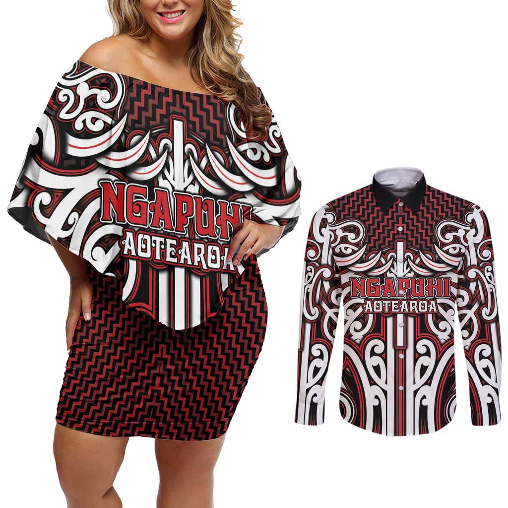 Custom Aotearoa Ngapuhi Couples Matching Off Shoulder Short Dress and Long Sleeve Button Shirt Maori Tribal Pattern Mix Poutama