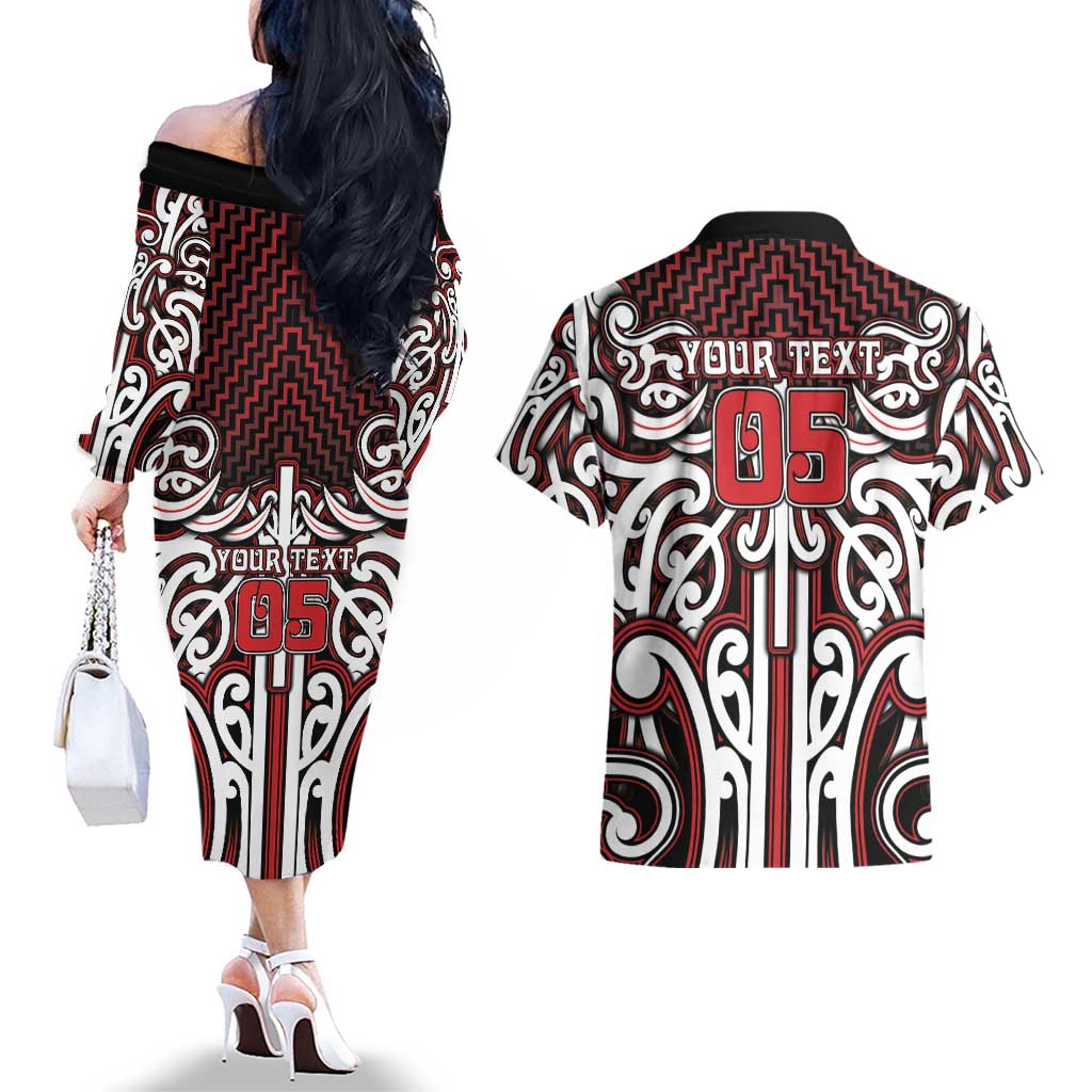 Custom Aotearoa Ngapuhi Couples Matching Off The Shoulder Long Sleeve Dress and Hawaiian Shirt Maori Tribal Pattern Mix Poutama
