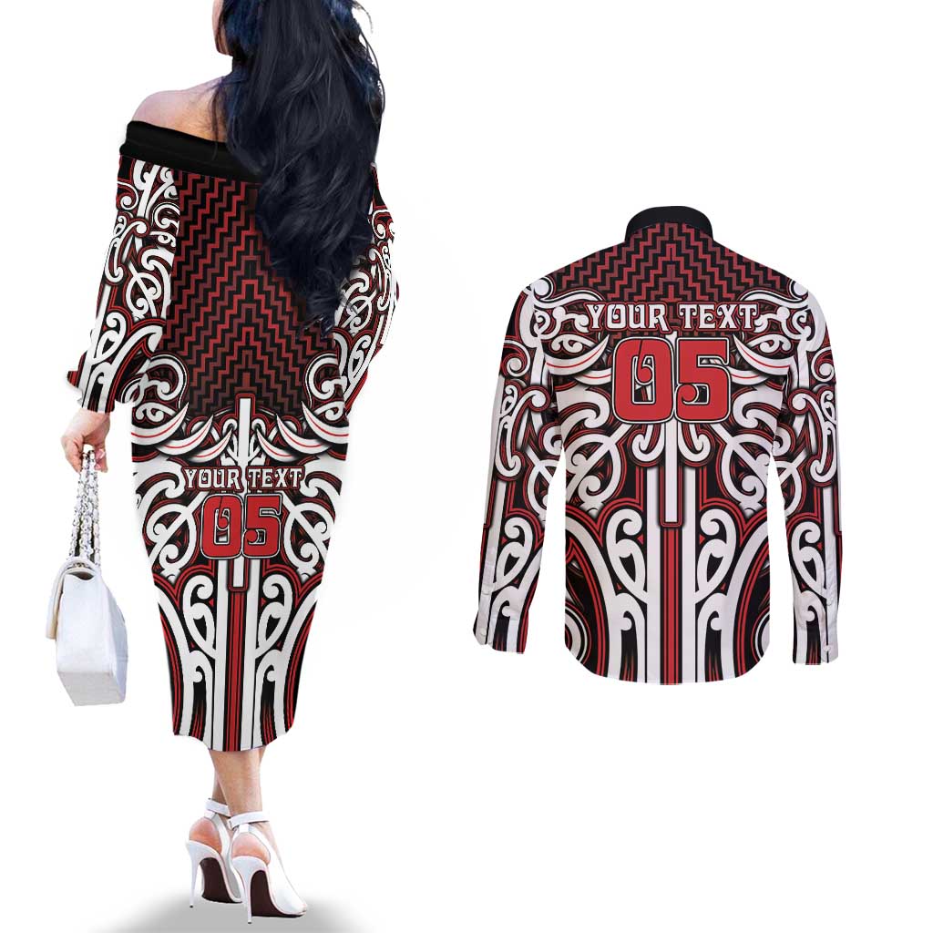 Custom Aotearoa Ngapuhi Couples Matching Off The Shoulder Long Sleeve Dress and Long Sleeve Button Shirt Maori Tribal Pattern Mix Poutama