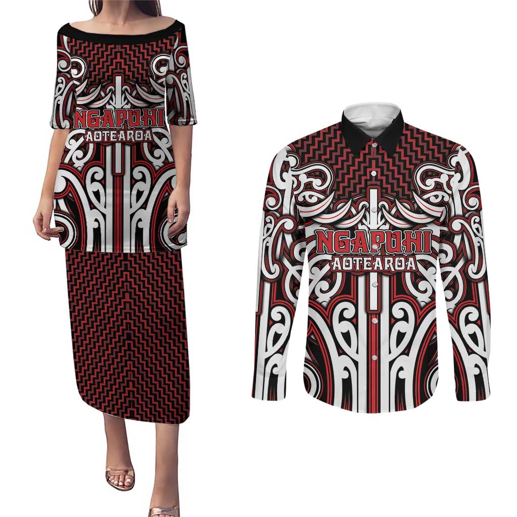 Custom Aotearoa Ngapuhi Couples Matching Puletasi and Long Sleeve Button Shirt Maori Tribal Pattern Mix Poutama