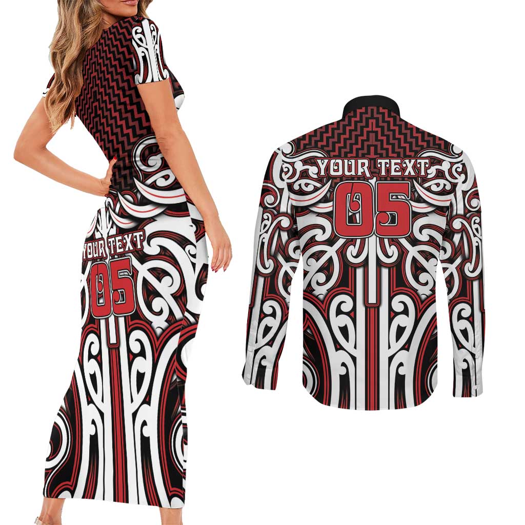 Custom Aotearoa Ngapuhi Couples Matching Short Sleeve Bodycon Dress and Long Sleeve Button Shirt Maori Tribal Pattern Mix Poutama