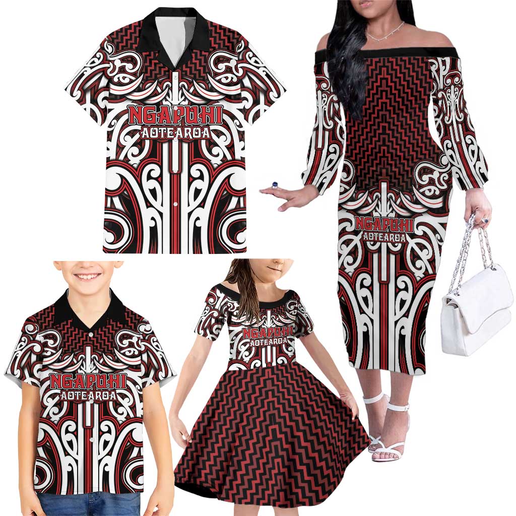 Custom Aotearoa Ngapuhi Family Matching Off The Shoulder Long Sleeve Dress and Hawaiian Shirt Maori Tribal Pattern Mix Poutama LT05 - Polynesian Pride
