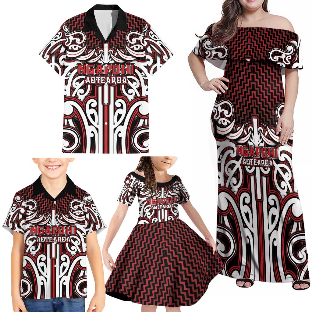 Custom Aotearoa Ngapuhi Family Matching Off Shoulder Maxi Dress and Hawaiian Shirt Maori Tribal Pattern Mix Poutama