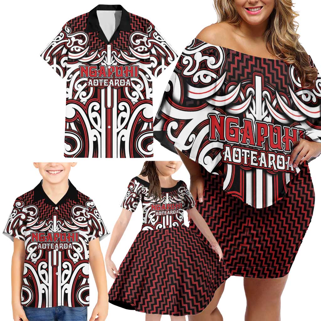 Custom Aotearoa Ngapuhi Family Matching Off Shoulder Short Dress and Hawaiian Shirt Maori Tribal Pattern Mix Poutama